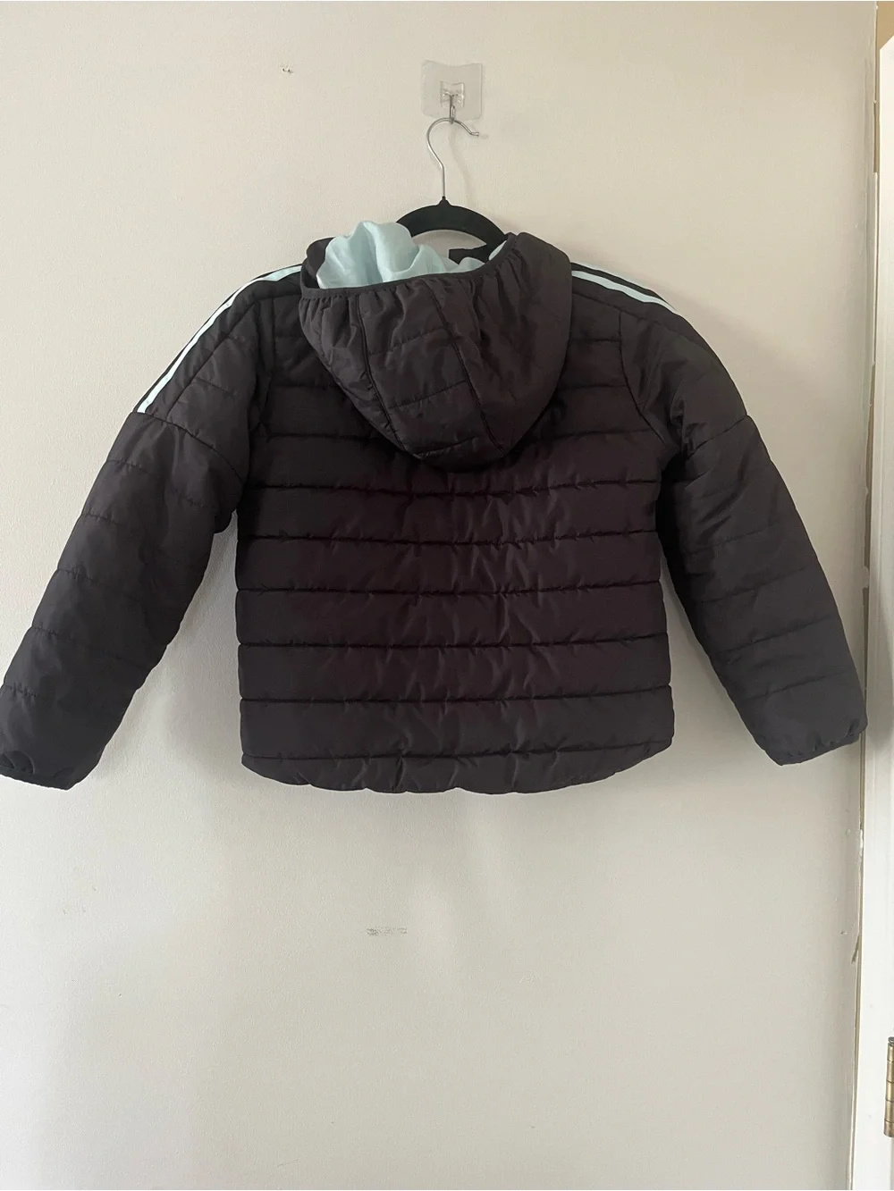 Adidas Boys Black Blue Hooded Puffer Jacket Small 3 Stripe Full Zip Winter Coat